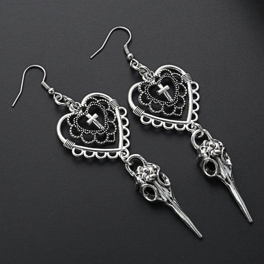 Gothic Heart Cross Bird Skull Earrings