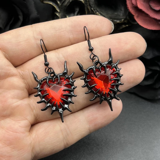 Spiky Red Glass Heart Pendant Earrings