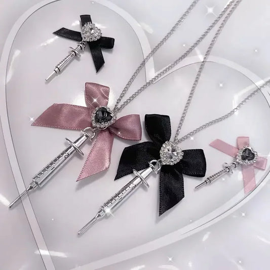 New Love Heart Bowknot Syringe necklace